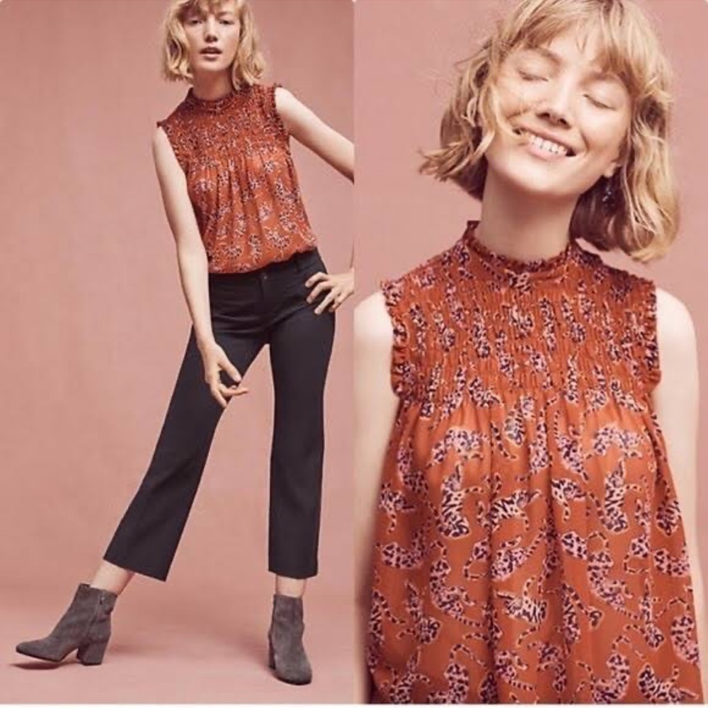 Anthropologie Maeve Darby Women’s Rust Leopard Print Smocked Sleeveless Blouse